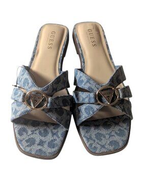 Guess Blue Print Triangle Logo Strappy Slip-on Flat Slide Sandals Size 8.5 NWOB
